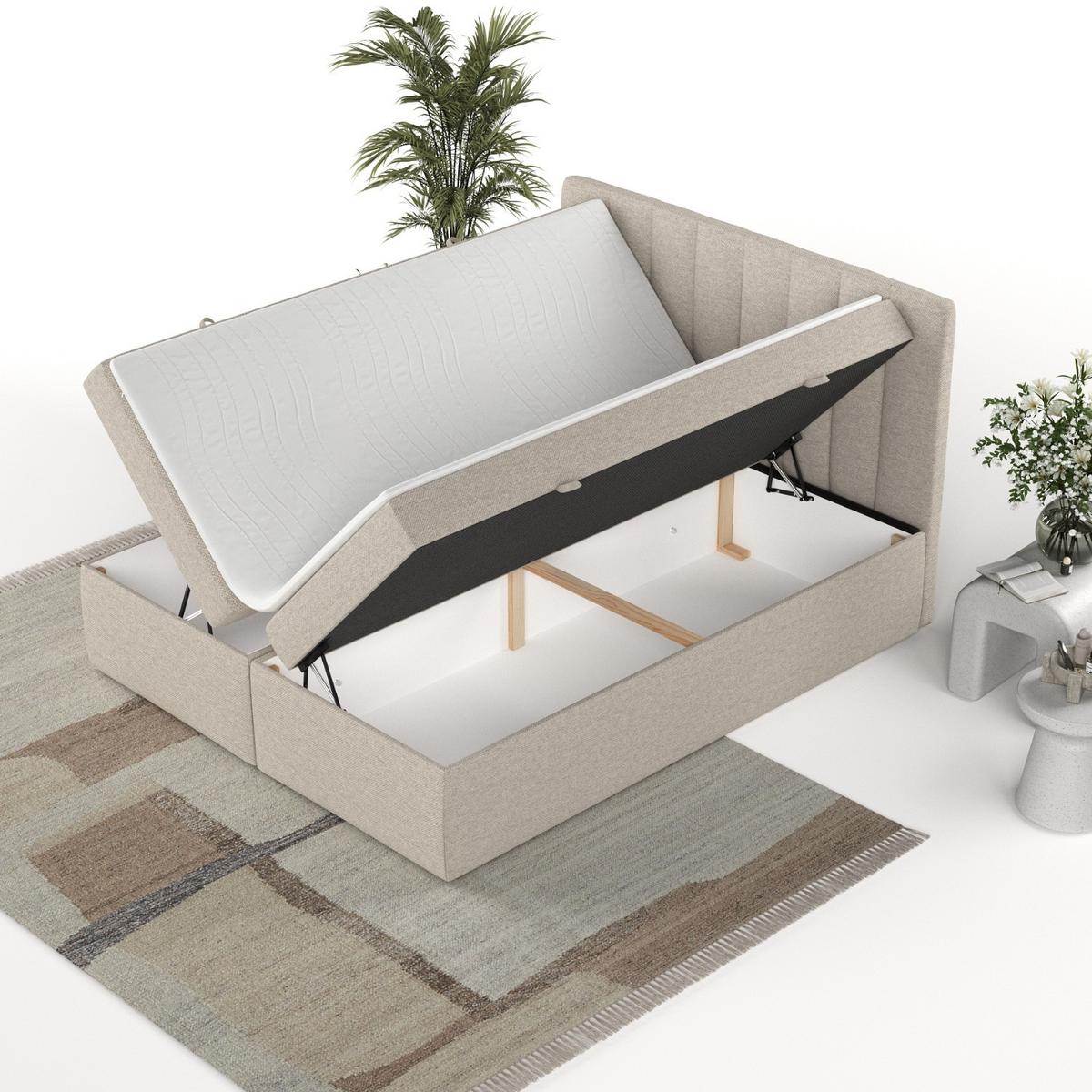 BOXBETT Amaro 140/200 cm Hellbeige im Megan Stoff - Sandfarben/Schwarz, Holz/Holzwerkstoff (140/200cm) - AltaBeds