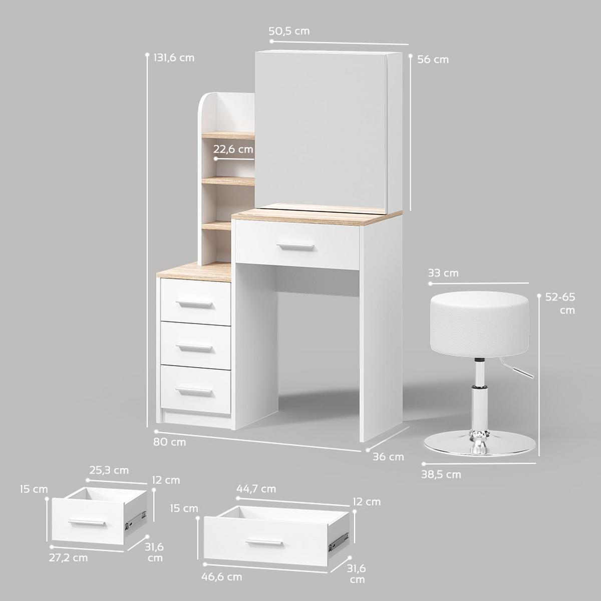 SCHMINKTISCH Loreta Weiß/Sonoma 80 cm mit Hocker - Weiß/Sonoma Eiche, Holzwerkstoff (80/131.6/36cm) - Livinity®