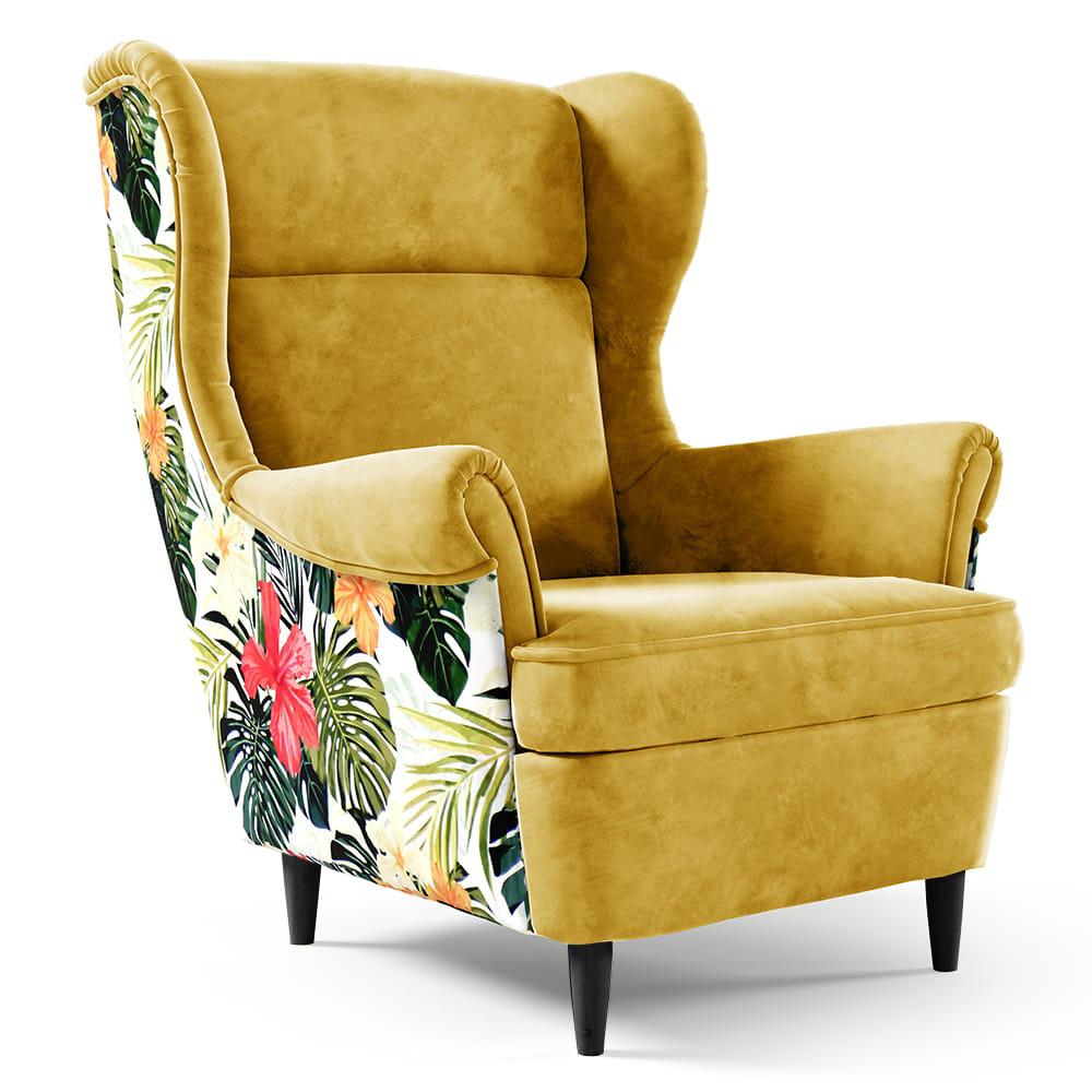 OHRENSESSEL Havana im skandinavischen Stil, Gelb, mit Beinen in Wengefarbe - Wengefarben/Gelb, Holzwerkstoff (82/102/92cm) - Beautysofa