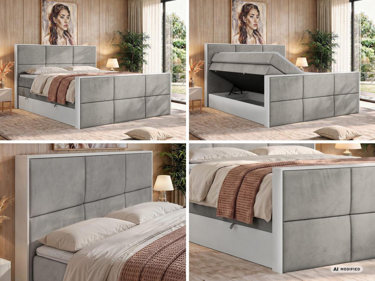 BOXSPRINGBETT DELVIT KING DUO 140/200 - Hellgrau Velvet - Topper Visco - H3 - Hellgrau/Schwarz, Kunststoff/Textil (140/200cm) - MKS