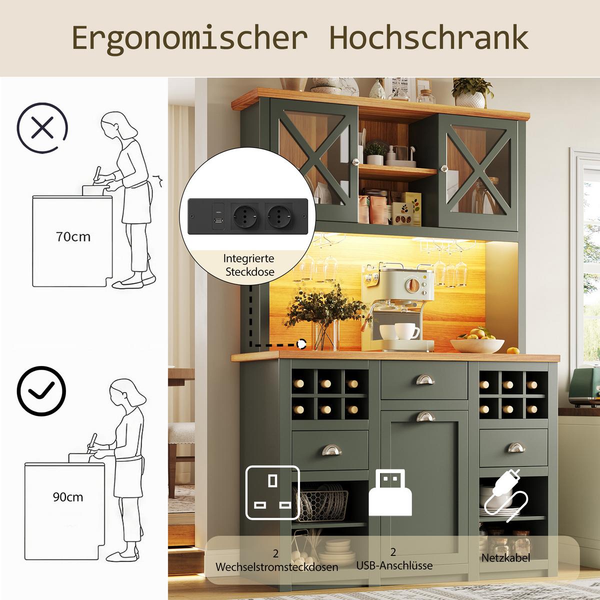 KÜCHENSCHRANK antik-grün & holz-optik mit led, usb-anschluss & weinregal - Waldgrün, Holzwerkstoff (120/188/45cm) - Urban Meuble