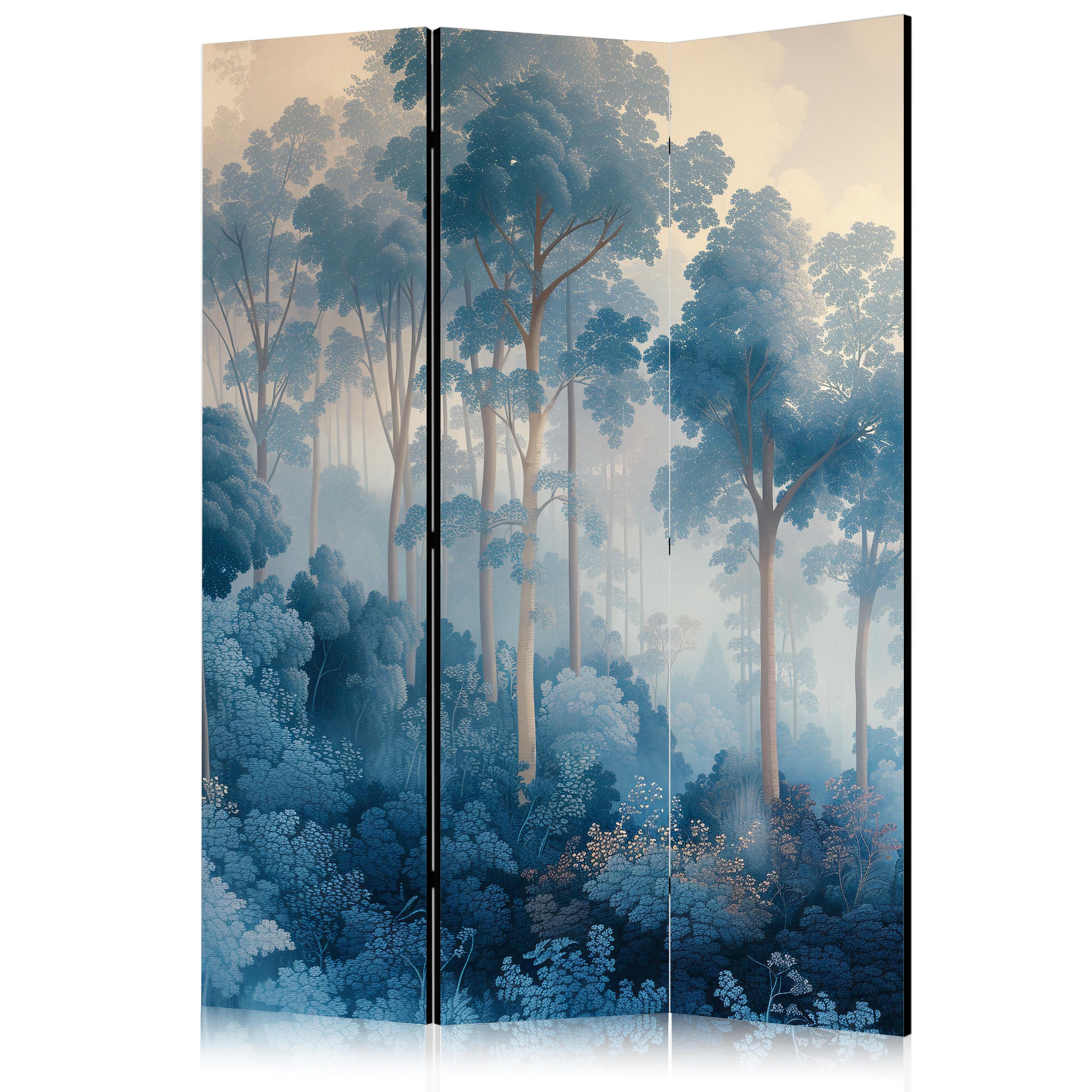 PARAVENT Einseitig Bedruckter 3-tlg 135x172 cm Blauer Wald im Nebel - Blau, Holz/Textil (135/172/3cm) - Muralo