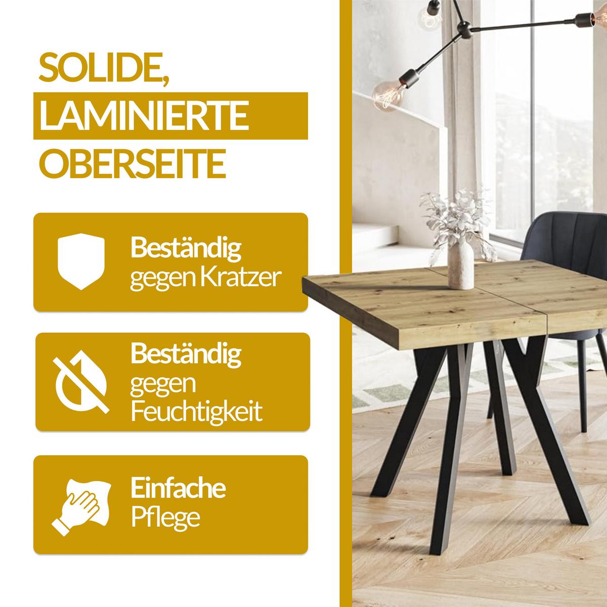 QUADRATISCHER Esstisch ausziehbar – Moderner Wohnzimmertisch und Küchentisch – Tisch mit Holzbeinen, Durchmesser 100 - 200 cm - Farbe Lancelot - Beige/Weiß, Holzwerkstoff (100/100/77cm) - Alpi-Möbel