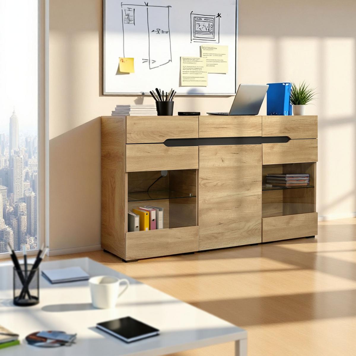 SIDEBOARD mit LED-Beleuchtung und Kabelführung, 140/35/35 cm - Eiche San Remo, Glas/Holzwerkstoff (140/80/35cm) - Urban Meuble
