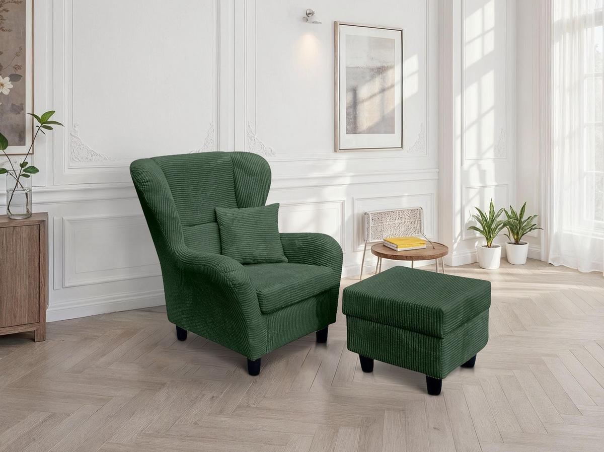 OHRENSESSEL mit HOCKER, hoher Sitzkomfort durch Wellenunterfederung B90/H98/T76 cm, Cord Grün / 18018 - Schwarz/Grün, Holz/Textil (90/98/76cm) - luma-home