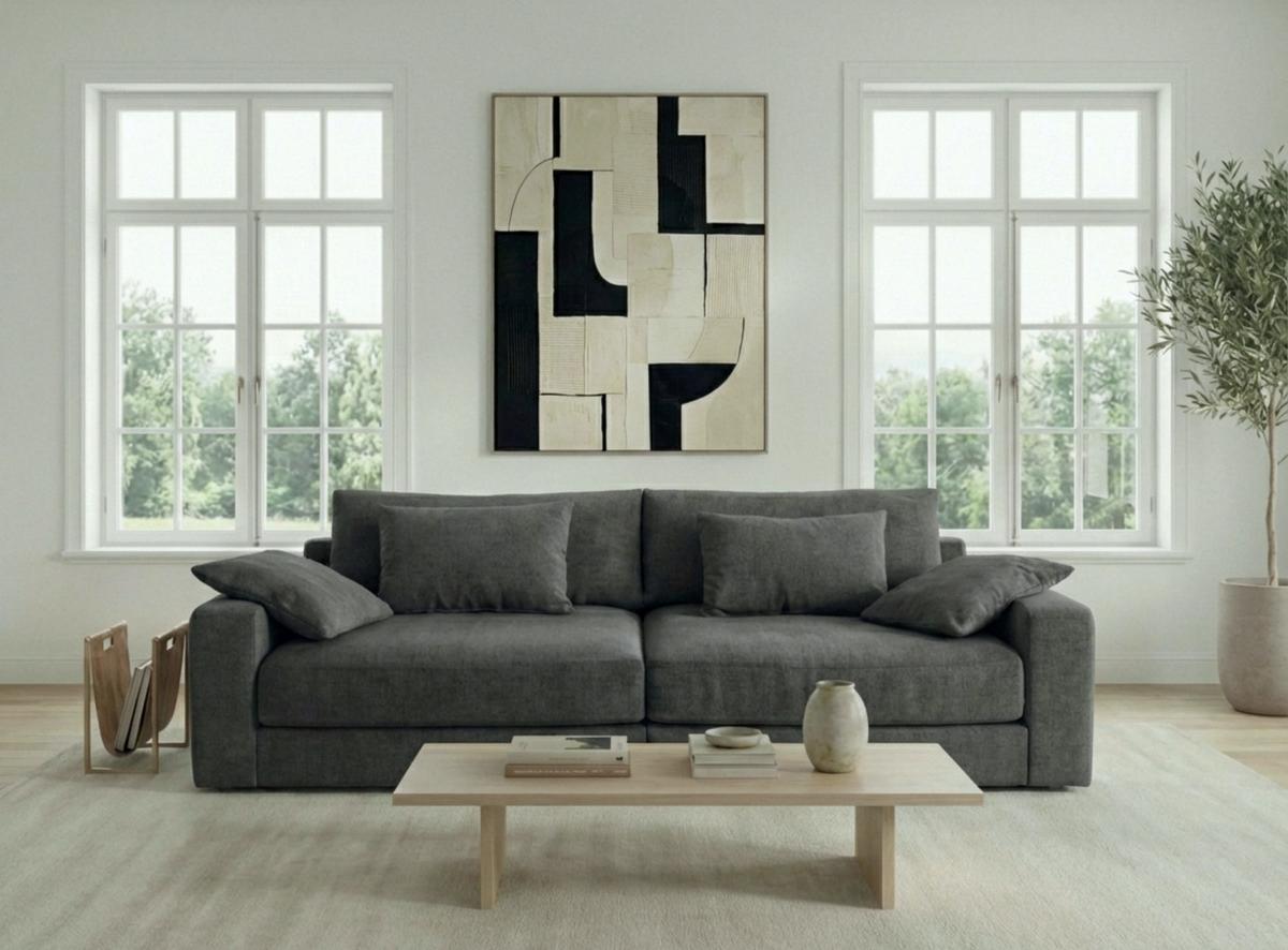 BIG-SOFA mit Federkern B290/T135/H90 cm extratief, Liegefläche 122x240 cm, Flachgewebe Dunkelgrau / 15248 - Dunkelgrau/Schwarz, Kunststoff/Textil (290/90/135cm) - luma-home