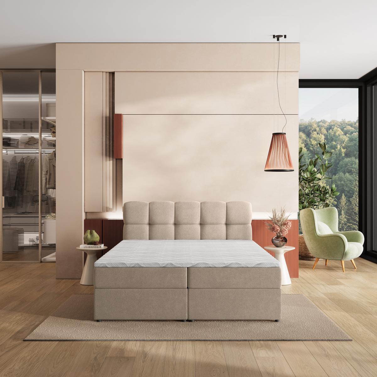 BOXBETT MERU 200x200 cm mit Matratze und Topper, H2+H3 - Beige - Beige, Holz (200/200cm) - MASSENO