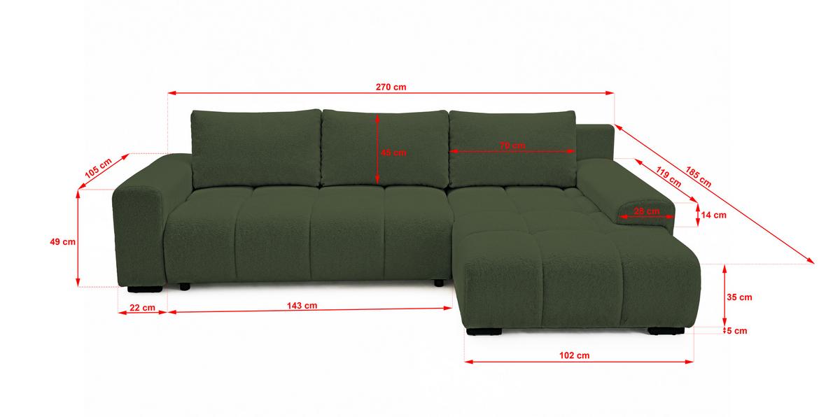 ECKSOFA Ovia mit Bettkasten und Schlaffunktion, Bouclé-Stoff in L-Form - Grün, Textil (270/185cm)