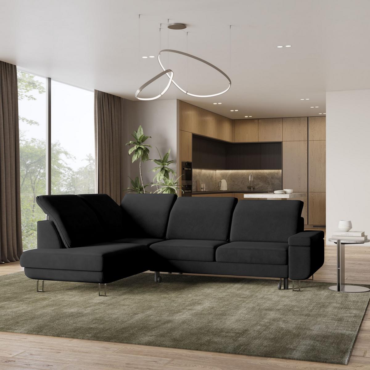 ECKSOFA LERMA L-S Schwarz Velours-Stoff mit Schlaffunktion - Silberfarben/Schwarz, Holz/Textil (253/190cm) - MASSENO