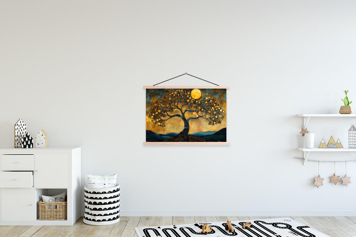 POSTER MIT MAGNETLEISTEN Baum - Mond - Blumen - Gold - Kunst Wanddeko 90x60 cm - Orange, Textil (90/60/0.15cm) - MuchoWow
