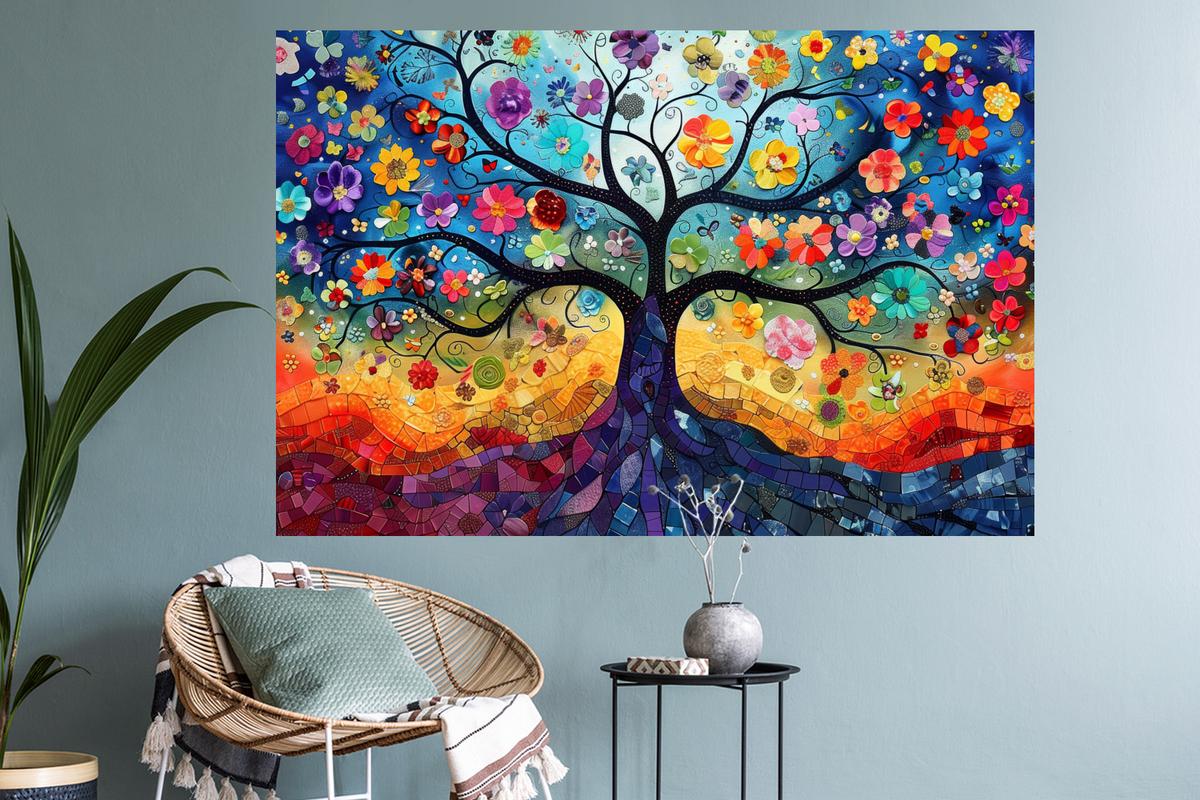 WANDTATTOO Kunst - Baum des Lebens - Blumen - Hippie Wandsticker 120x80 cm - Dunkelblau, Kunststoff (120/80/0.1cm) - MuchoWow
