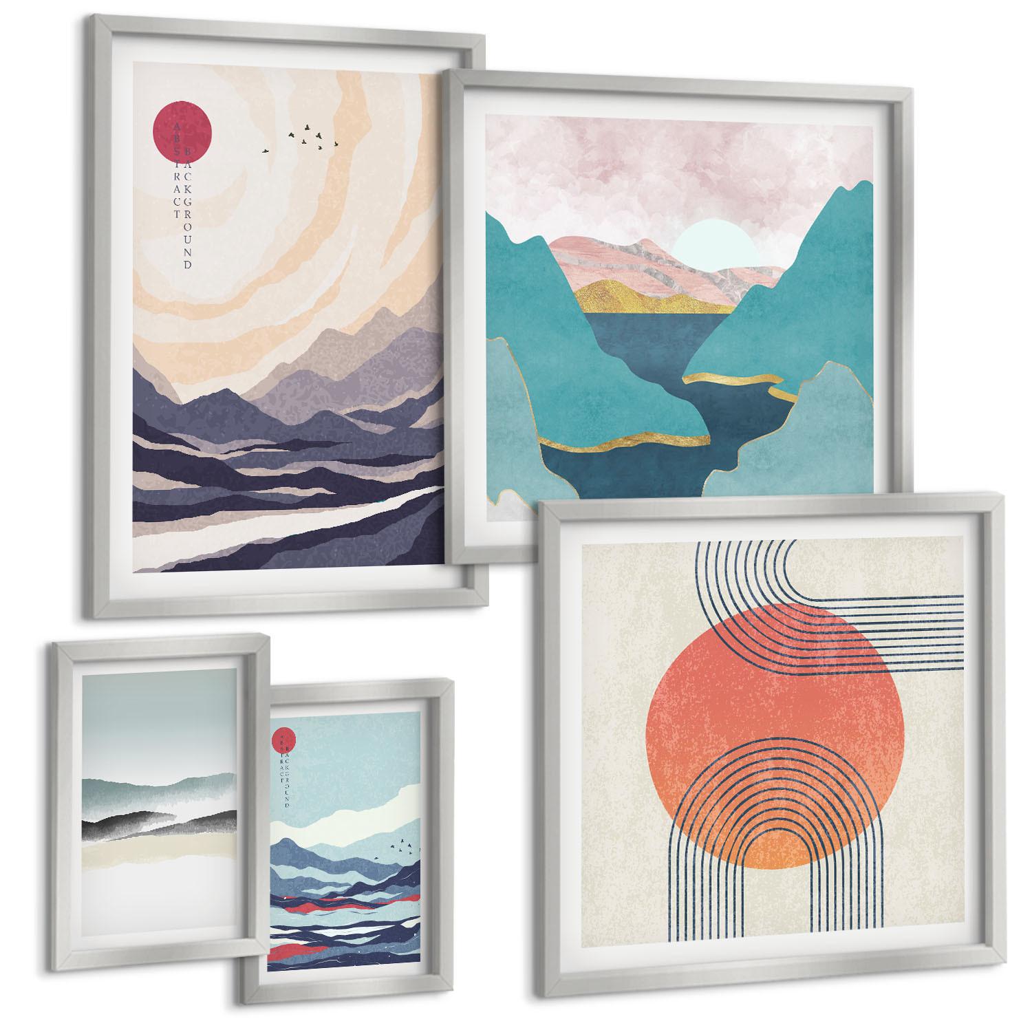 BILDER SET 5er Set - 50x50 cm & 20x30 cm & 40x60 cm Silberner Rahmen - Farbenfrohe Muster der Japandi-Flussberge - Silberfarben, Kunststoff (40/60cm) - TULUP