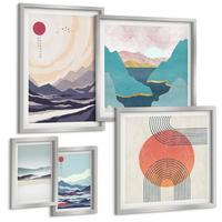 BILDER SET 5er Set - 50x50 cm & 20x30 cm & 40x60 cm Silberner Rahmen - Farbenfrohe Muster der Japandi-Flussberge - Silberfarben, Kunststoff (40/60cm) - TULUP
