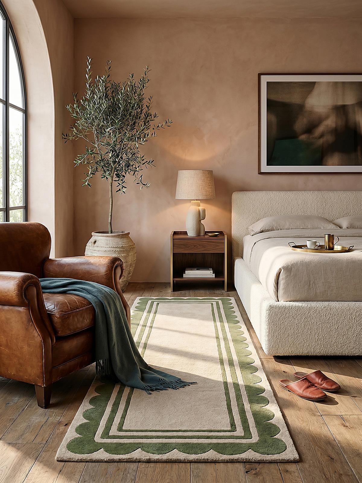 WOLLTEPPICH WENSUM, mit grafischem Muster mit Rahmen, Grün-Beige, 80 x 230 cm - Grün, Textil (230/80cm) - KADIMA DESIGN