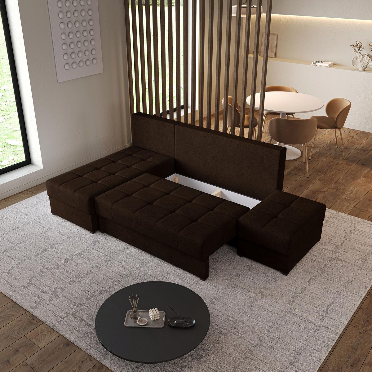ECKSOFA NORVI Braun Geflochtener Stoff mit Schlaffunktion - Braun, Holz (251/143cm) - MASSENO