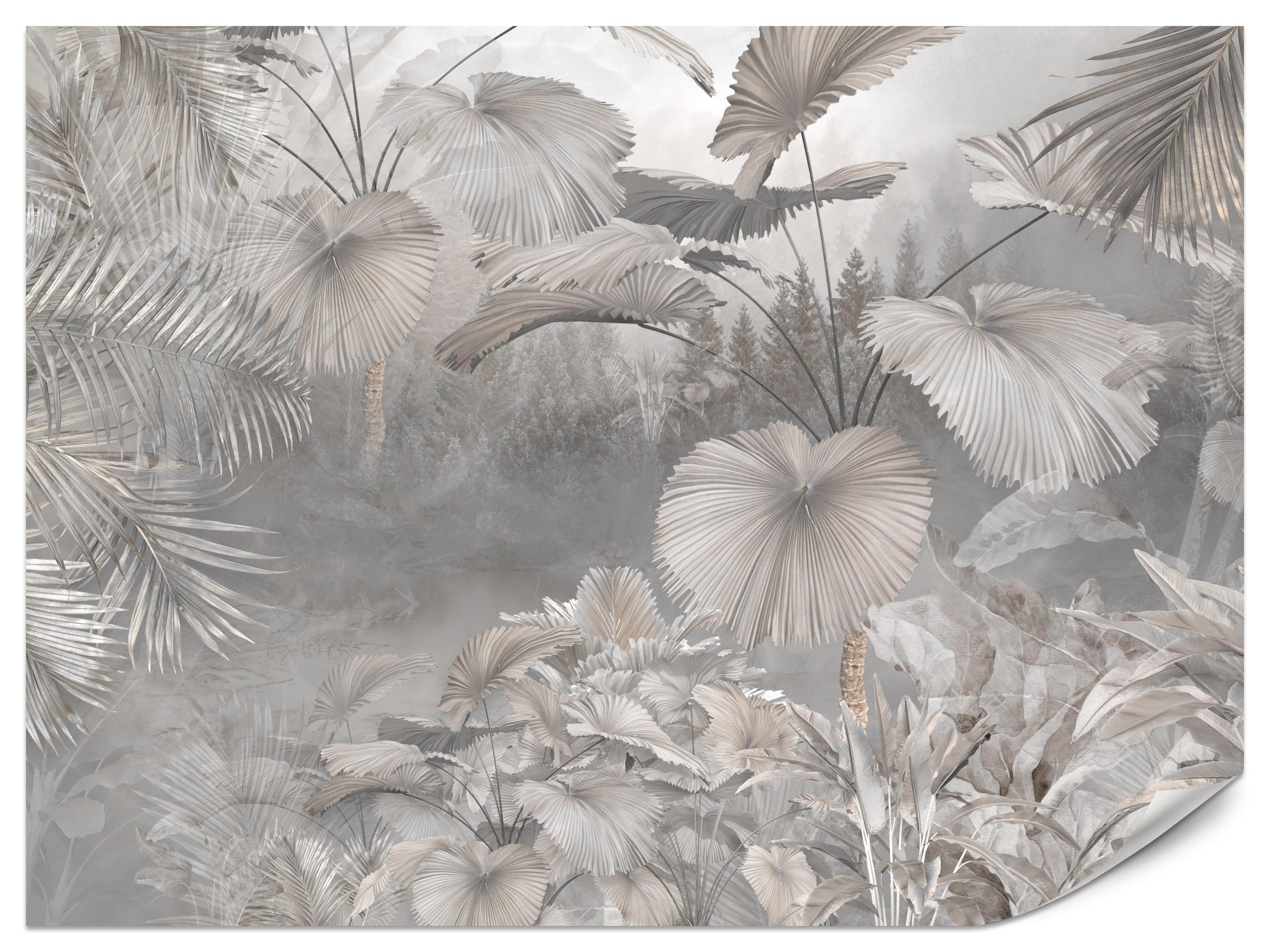 FOTOTAPETE für Wohnzimmer Tropische Blätter Dschungel Palmen Grau 250x175 - Beige/Grau, Papier (250/175cm) - Muralo