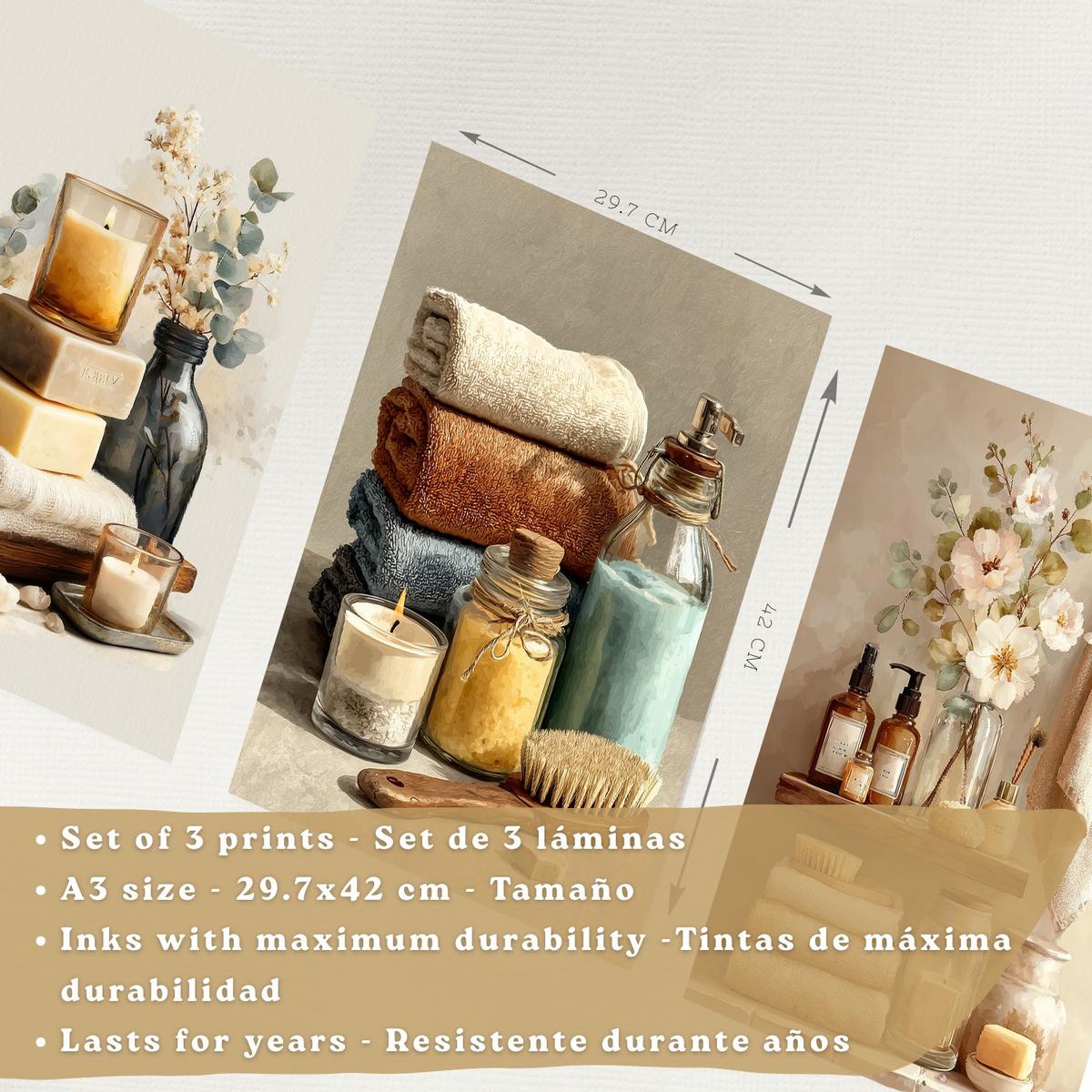 POSTER 3er-Set dekorative Badezimmerdrucke, gemütlicher Spa-Stil, Bilder mit Kerzen, Blumen und Handtüchern, entspannende, Leichter Holzrahmen A3 - Beige, Papier (42/29.7/3cm) - Nacnic