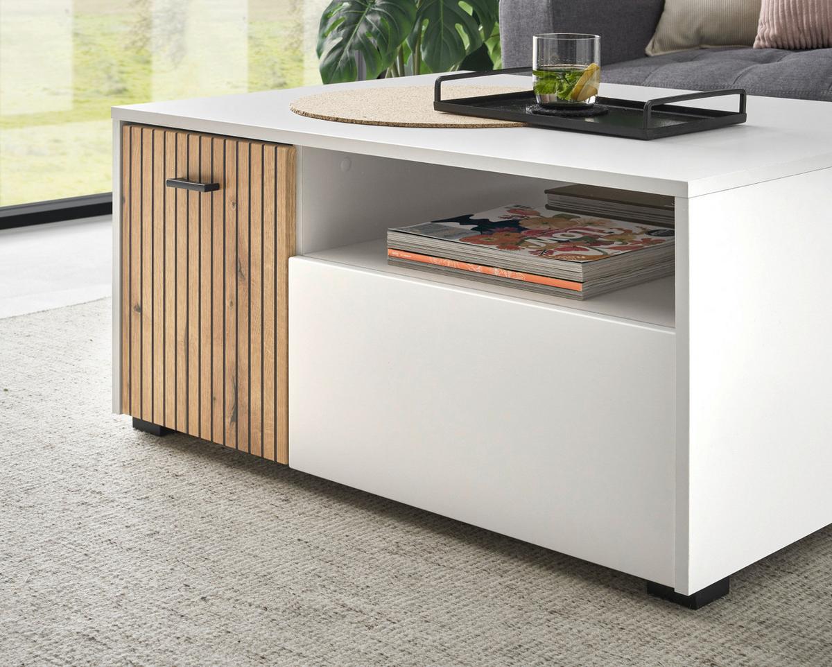 COUCHTISCH weiß matt, Eiche 90 cm, Wohnzimmertisch mit Stauraum und Soft-Close - Eichefarben/Schwarz, Holzwerkstoff/Kunststoff (90/70/43cm) - Furn.Design