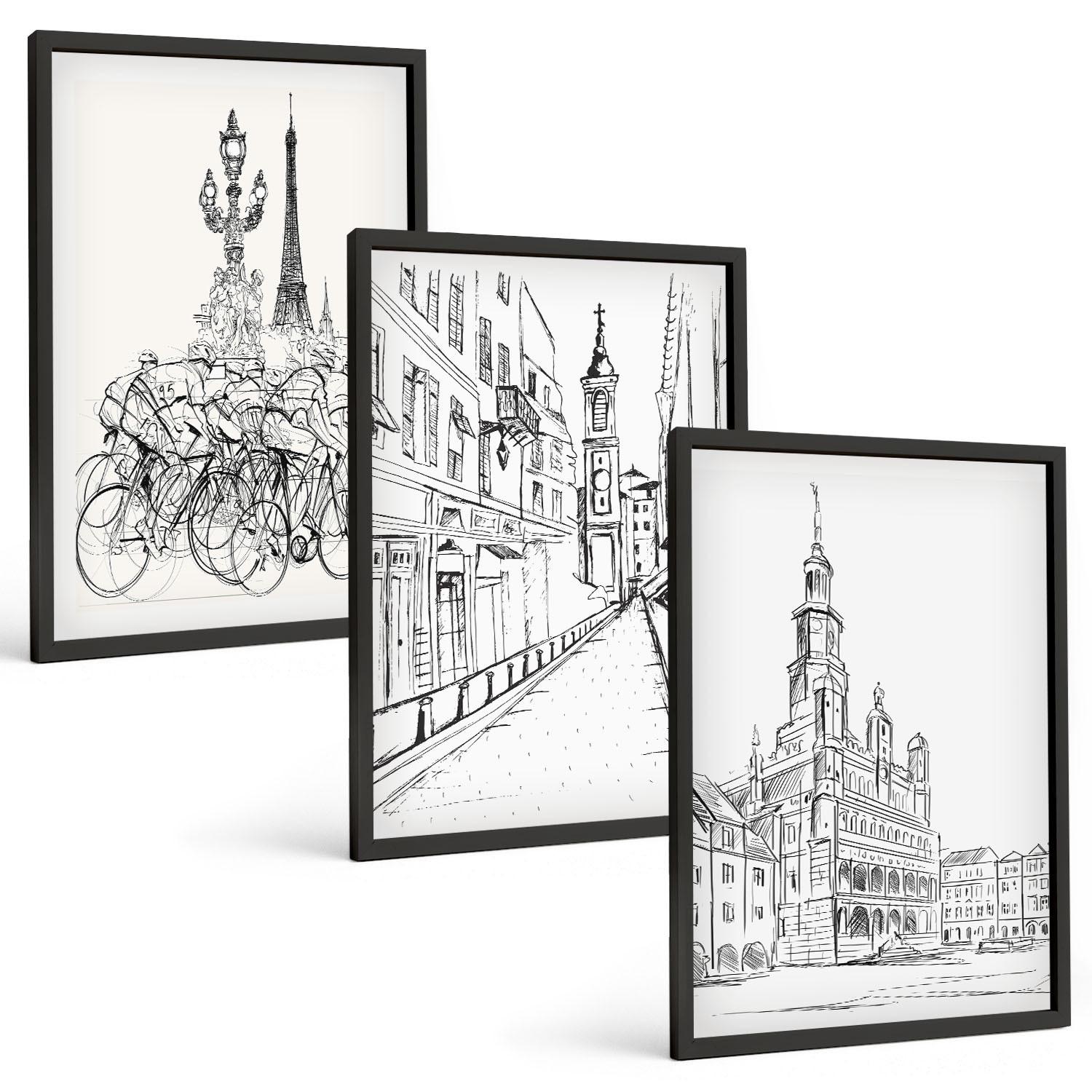 BILDER SET 3er Set - 40x60 cm Schwarzer Rahmen - Einfache Zeichnungen von Stadtlandschaften - Schwarz, Kunststoff (40/60cm) - TULUP