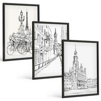 BILDER SET 3er Set - 40x60 cm Schwarzer Rahmen - Einfache Zeichnungen von Stadtlandschaften - Schwarz, Kunststoff (40/60cm) - TULUP