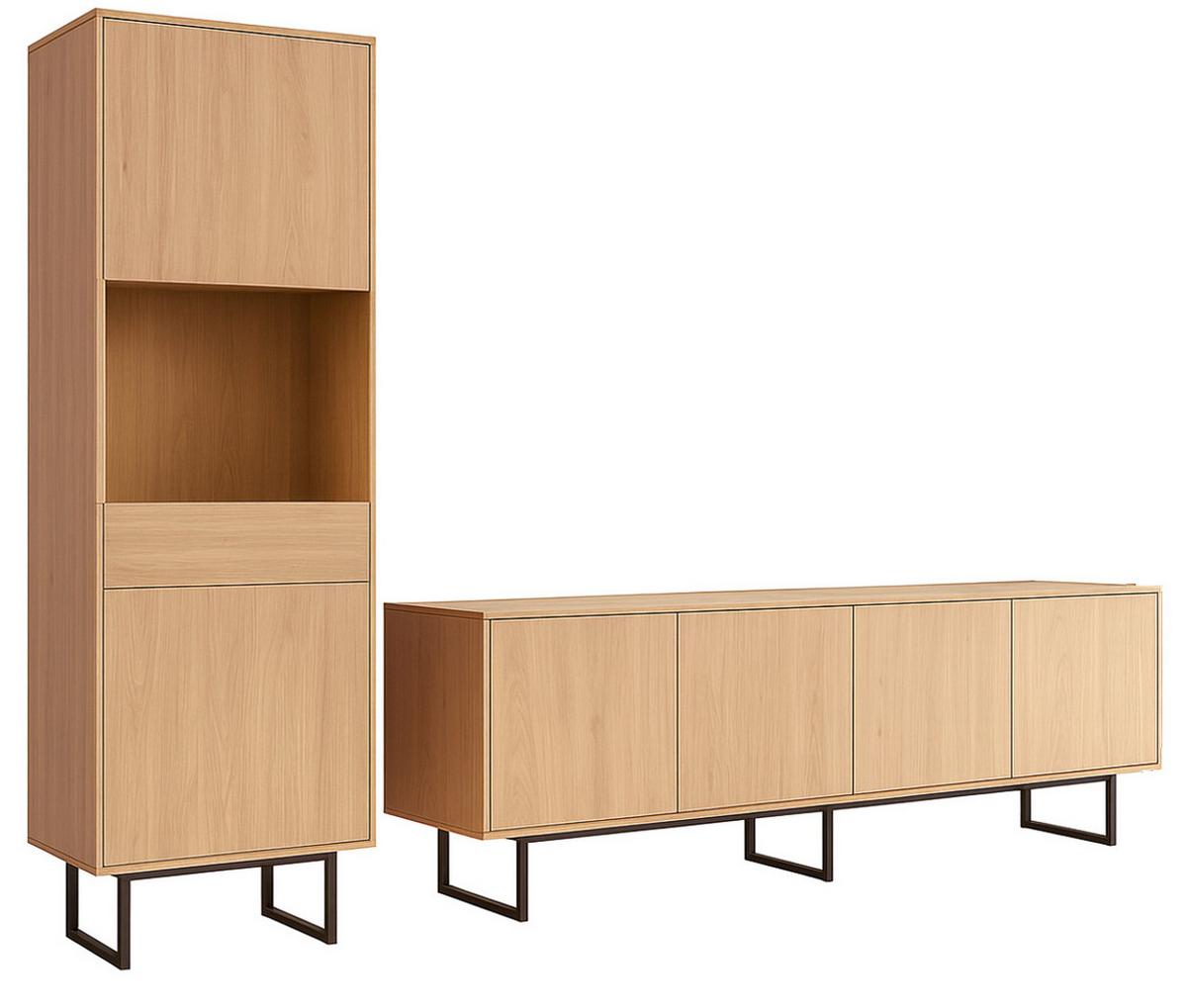 WOHNWAND Stone Eiche, Wohnzimmer Set mit TV Lowboard 200 cm und Vitrinenschrank, Push-Open-Funktion - Eichefarben/Schwarz, Holzwerkstoff/Metall (270/200/40cm) - Furn.Design