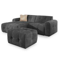 ECKSOFA inkl. Hocker Kozy im Bumpy-Design mit Schlaffunktion und fester Rückenlehne aus weichem Grau Chenille-Stoff - Ottomane links - Schwarz/Grau, Holz/Kunststoff (161/234cm) - S-Style Möbel
