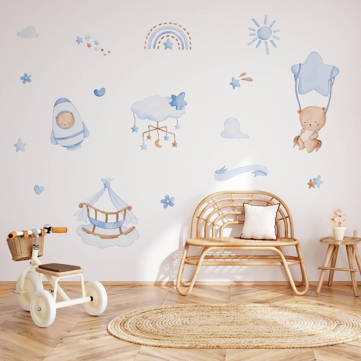 WANDSTICKER Teddybären blaue Wolken Sterne Regenbogen 60x30 - Blau/Beige, Papier (60/30/1cm) - Muralo