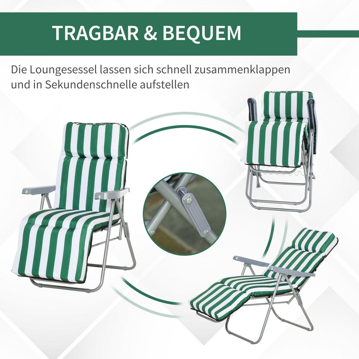 SONNENLIEGE, 5 Positionen Auflage, Stahl, Polyester, Schaumstoff, Grün - Grün, Kunststoff (75/102/60cm) - Outsunny