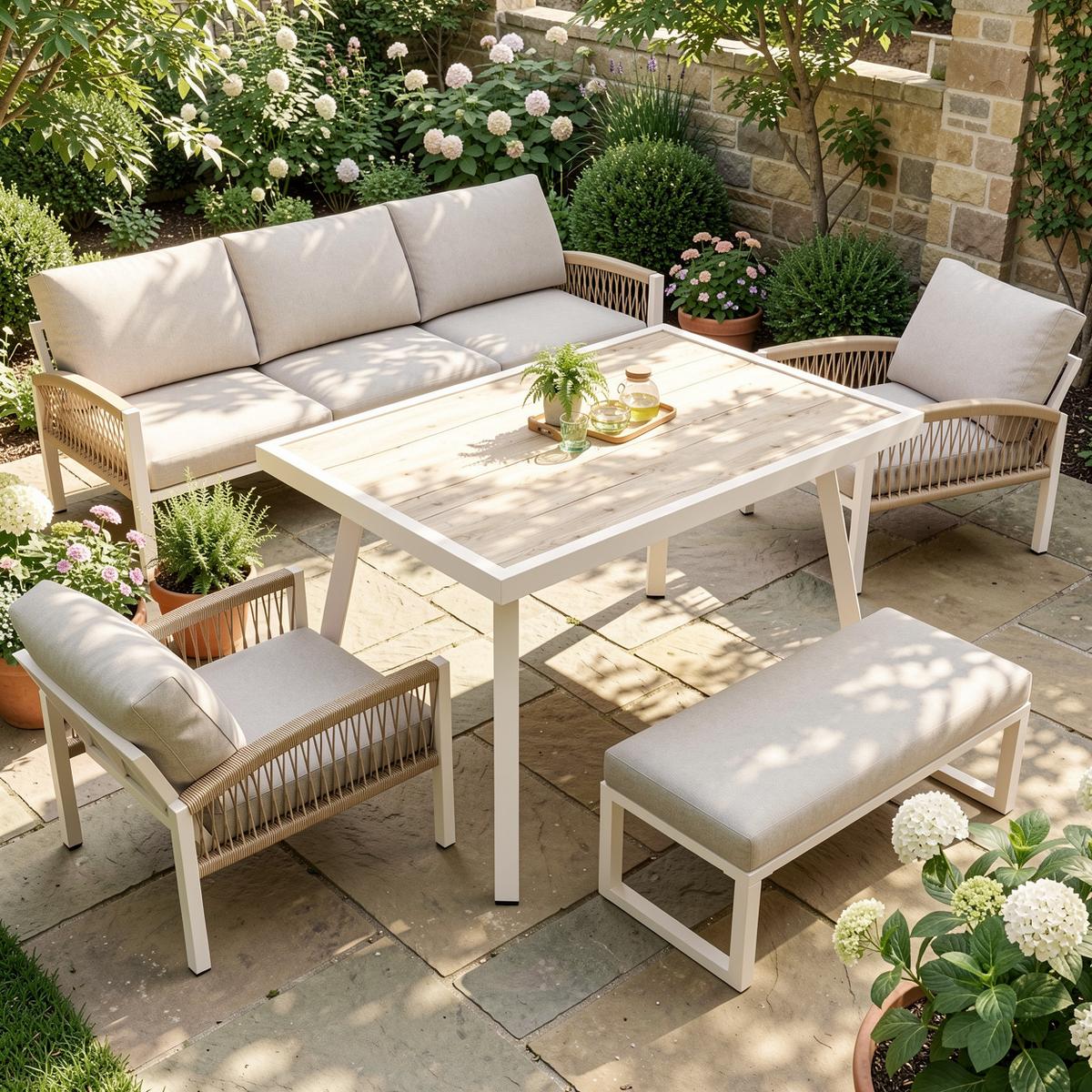 LOUNGEGARNITUR 7-tlg. Eisen Beige Gartensofa mit Tisch, Sesseln & Bank - Beige, Metall - Urban Meuble