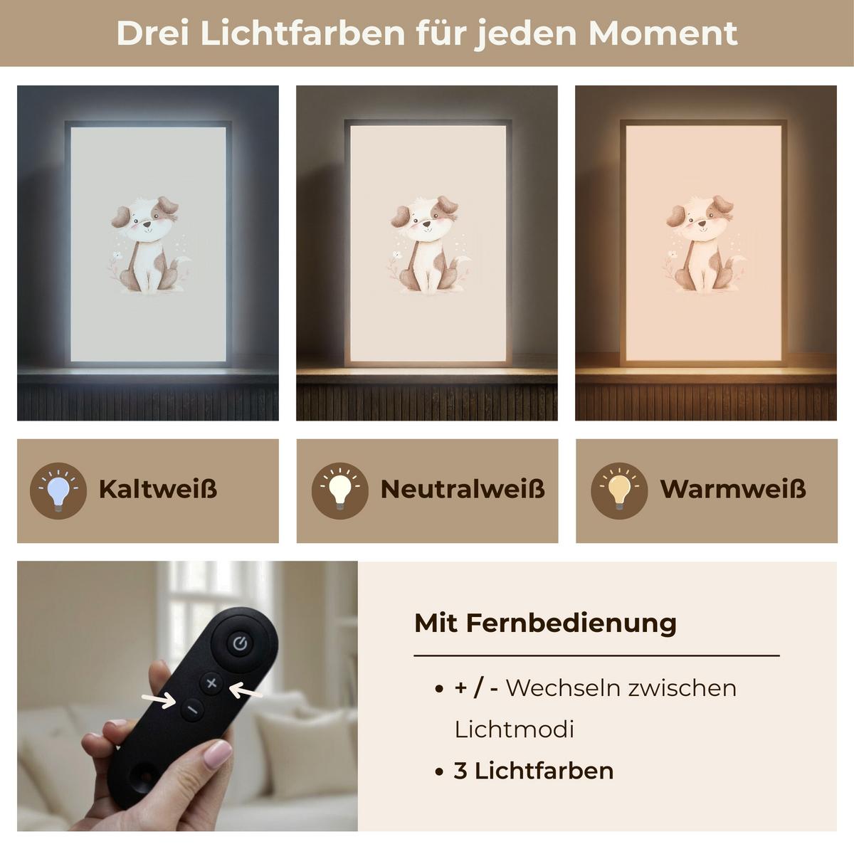 WANDLEUCHTE MIT AKKU Hund - Gefleckt - Braun 40x60 cm - Beige, Holzwerkstoff (40/60/8cm) - OnlyWow
