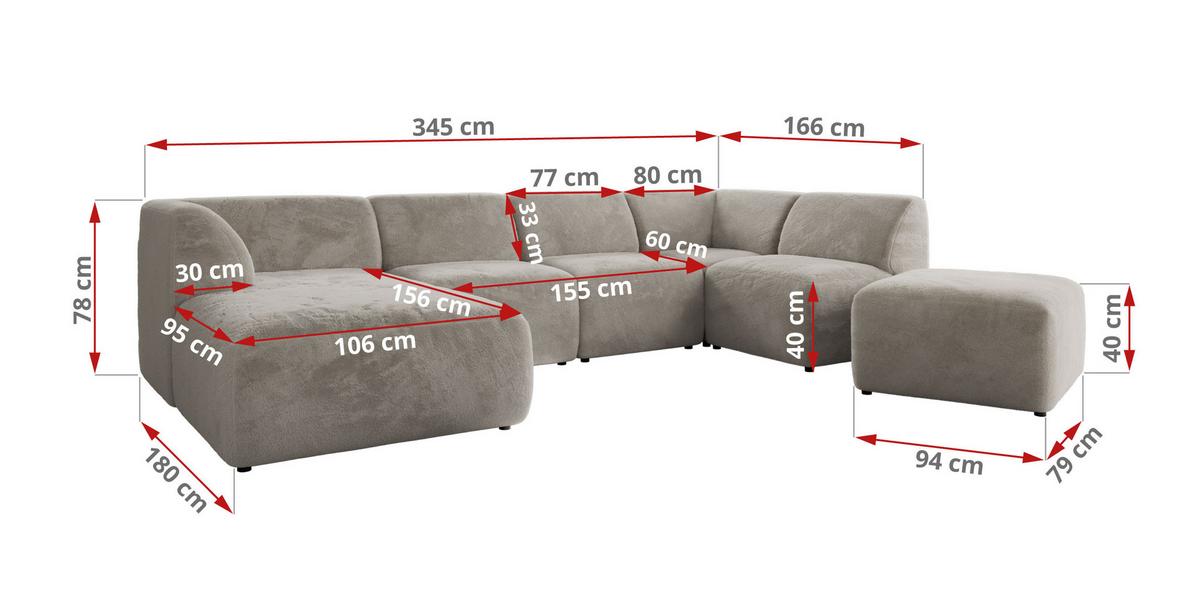 WOHNLANDSCHAFT MODARO U 6M - Hellgrau Plüsch - Links - Hellgrau/Schwarz, Textil (180/78/345cm) - MKS