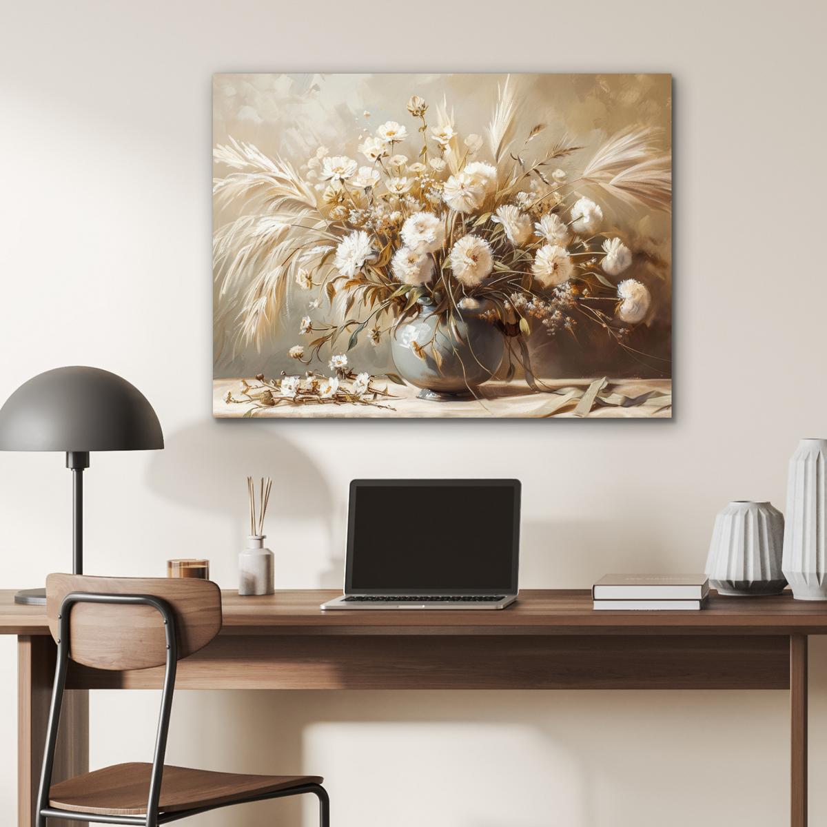 METALLBILD Blumen - Vase - Stilleben - Beige 80x60 cm - Creme, Metall (80/60cm) - MuchoWow