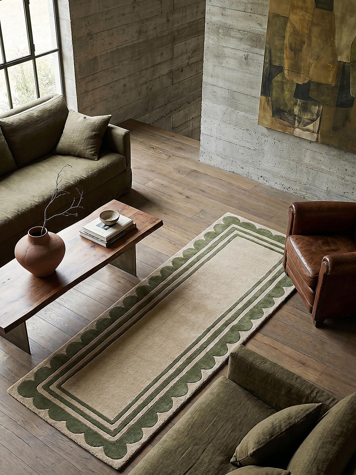WOLLTEPPICH WENSUM, mit grafischem Muster mit Rahmen, Grün-Beige, 80 x 230 cm - Grün, Textil (230/80cm) - KADIMA DESIGN