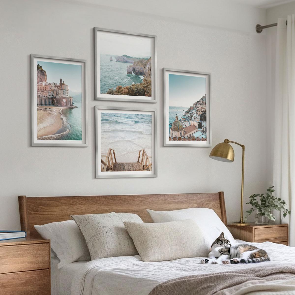 BILDER SET 4er Set - 50x50 cm & 40x60 cm Silberner Rahmen - Sommerliche Strandansichten in Pastellfarben - Silberfarben, Kunststoff (50/50cm) - TULUP