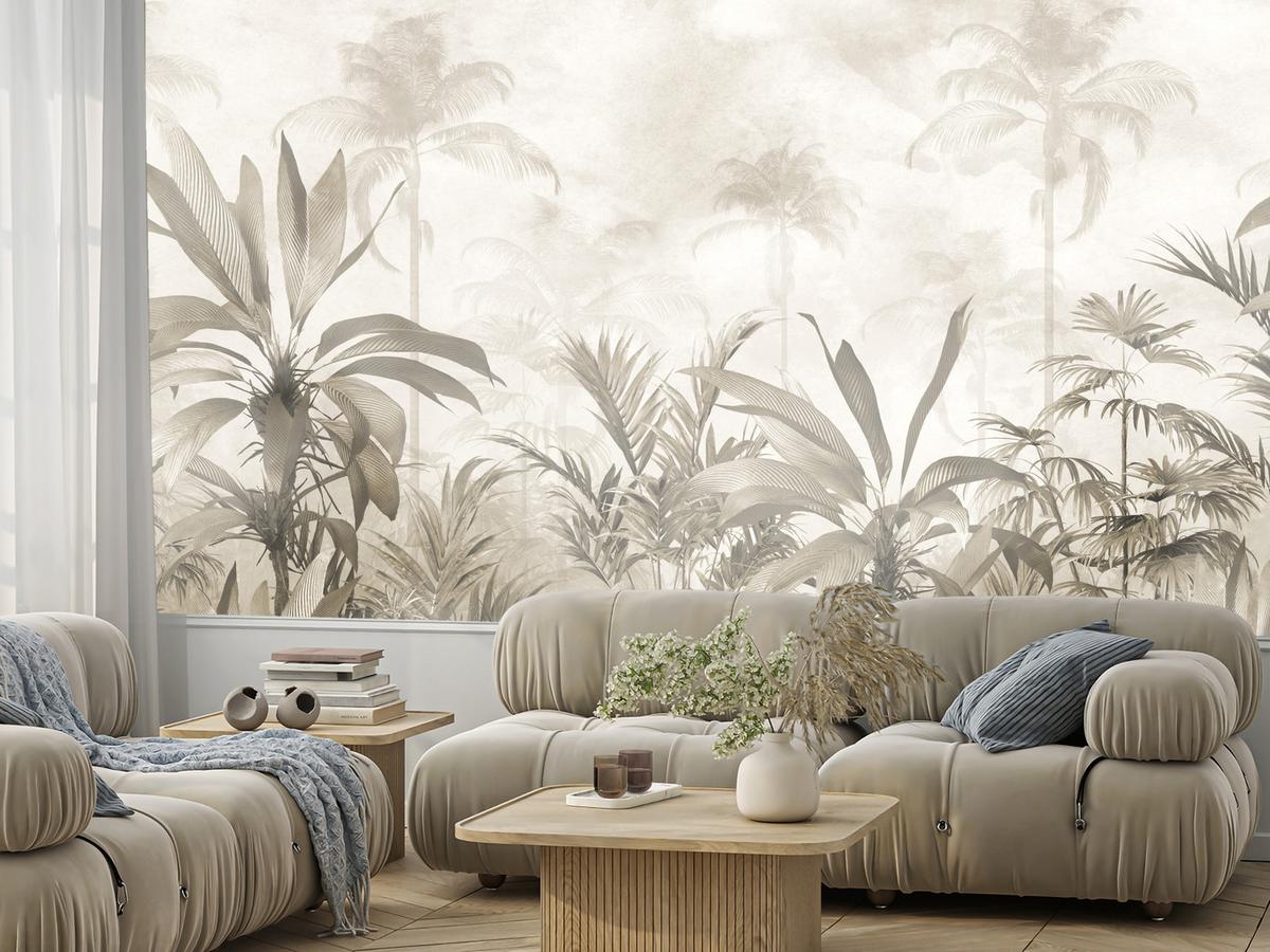 FOTOTAPETE für Wohnzimmer Vintage Tropischer Wald Palmen Blätter 450x315 - Beige/Grau, Papier (450/315cm) - Muralo