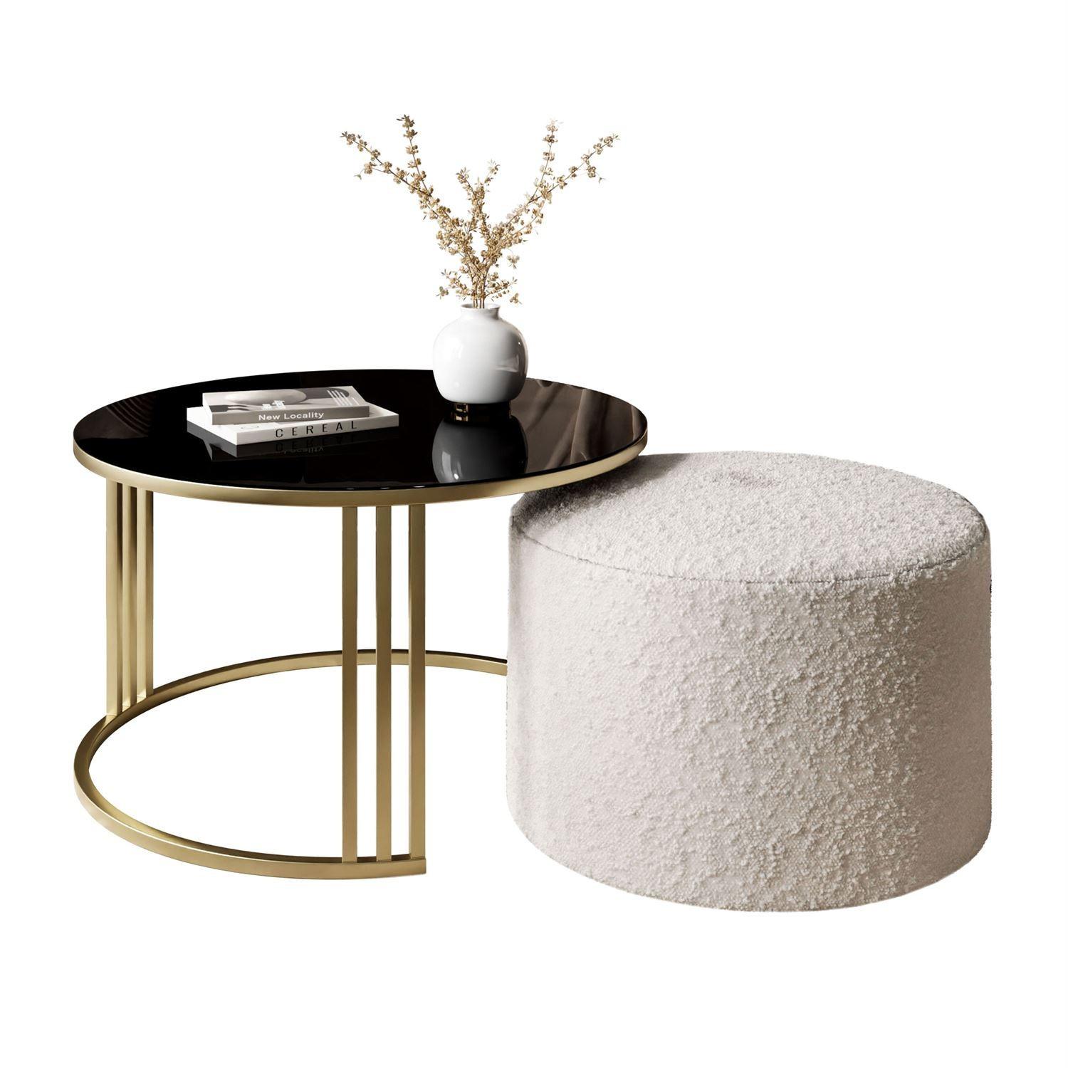 COUCHTISCH mit Hocker LORI GLASS gebürstetes Gold/schwarzes Glas/Coral 50 - Schwarz, Metall (70/70/49cm) - Lookway
