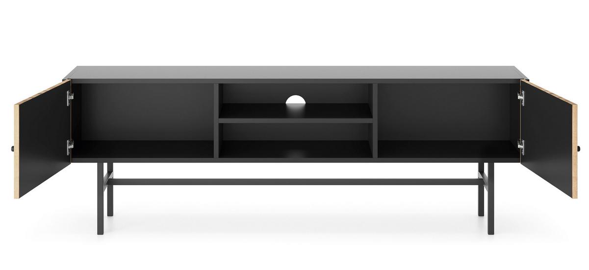 LOWBOARD Dinley 2T Schwarz, Braun 155/52/35 cm – mit langen Beinen und Lamellenfront - Schwarz/Braun, Holzwerkstoff/Metall (155/52/35cm) - AX Living