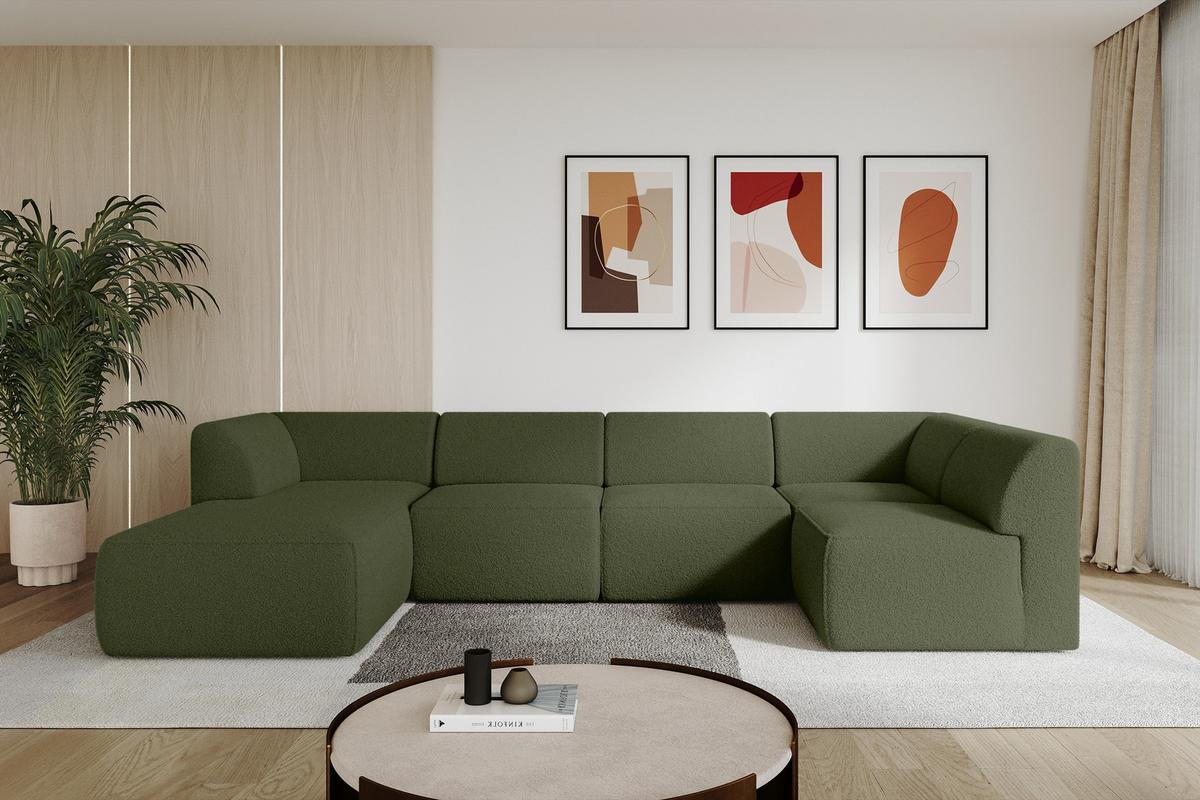 WOHNLANDSCHAFT Ottomane Links MOVO-L 345x180x78 cm Grün Bouclé - Dunkelgrün, Holzwerkstoff/Kunststoff (345/78/180cm) - ALTDECOR