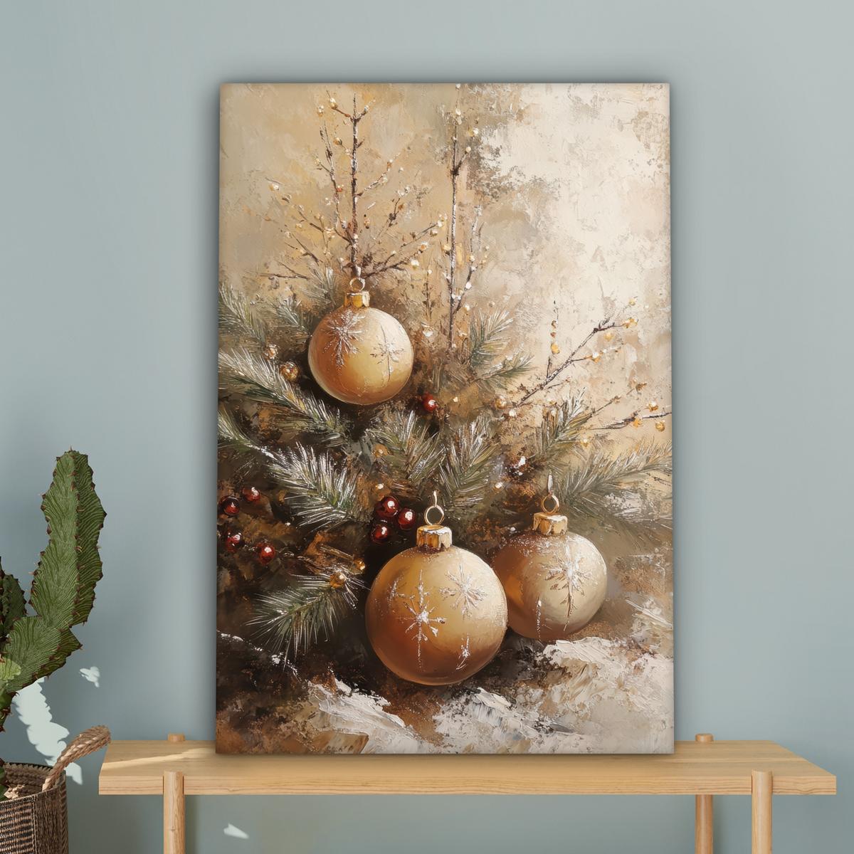 LEINWANDBILD Weihnachten - Kugeln - Beige - Gold Wanddeko Schlafzimmer 60x90 cm - Goldfarben, Textil (60/90cm) - MuchoWow