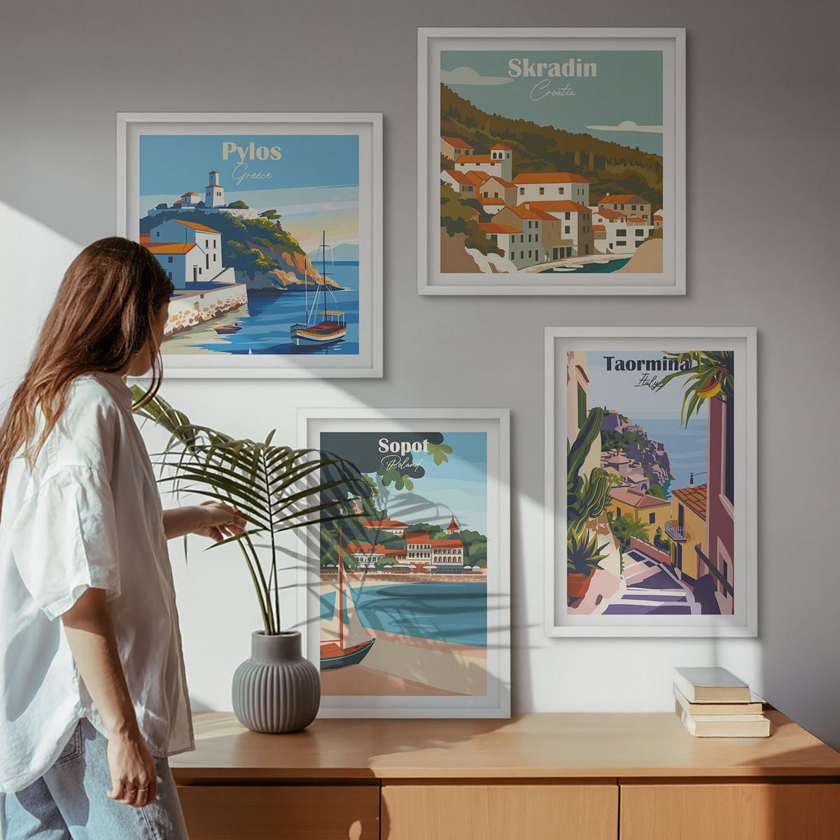 BILDER SET 4er Set - 50x50 cm & 40x60 cm Weißer Rahmen - Illustrationen von Küstenstädten - Weiß, Kunststoff (50/50cm) - TULUP