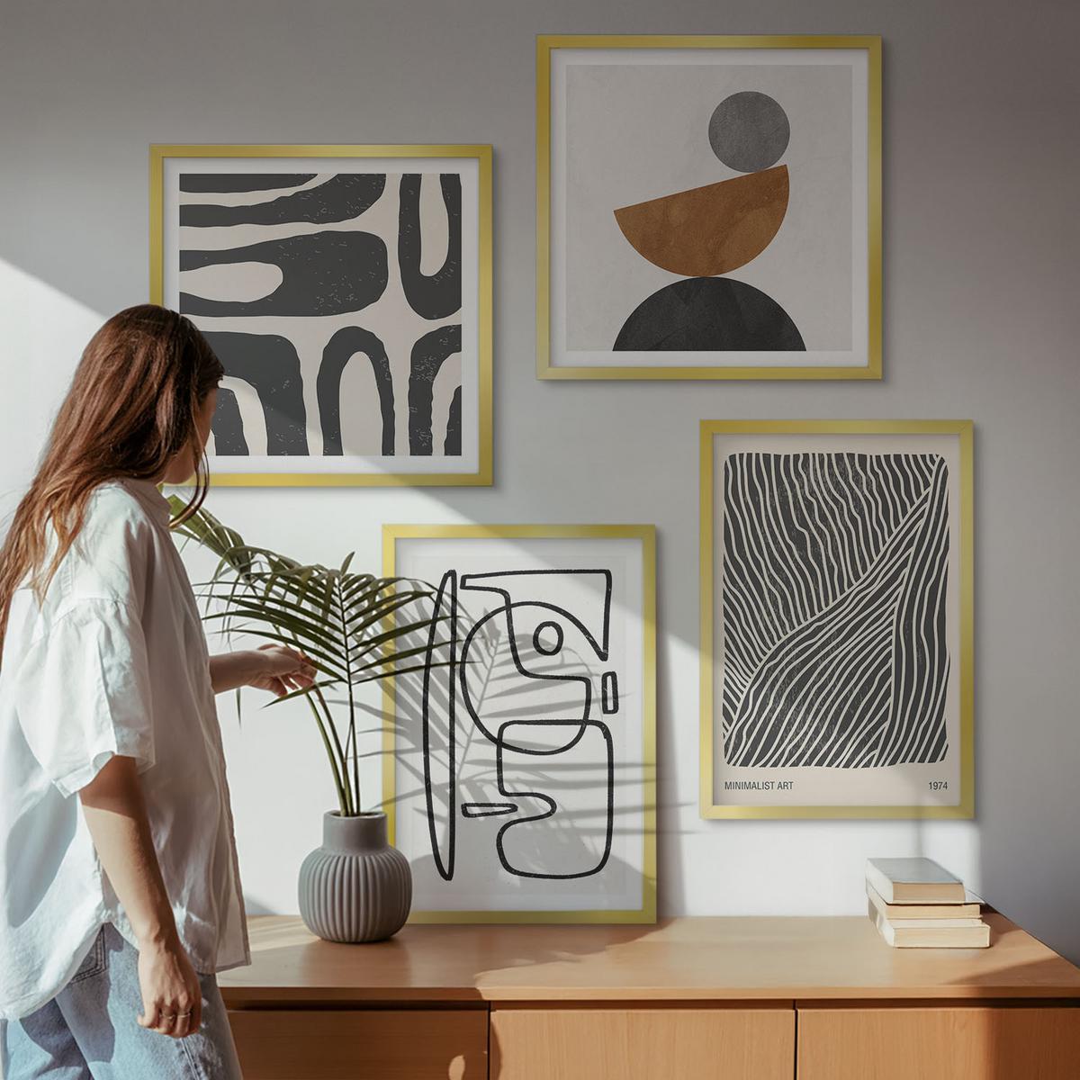 BILDER SET 4er Set - 50x50 cm & 40x60 cm Goldrahmen - Abstrakte Muster mit Linien - Goldfarben, Kunststoff (50/50cm) - TULUP