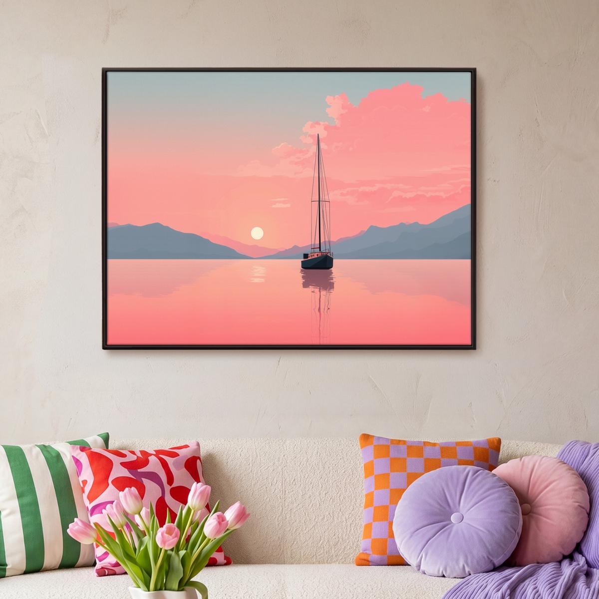 LEINWAND Bilder mit Rahmen - Segelboot - Rosa Meer - Sonnenuntergang - Berge - 100x70 - Rosa, Textil (100/70cm) - MuchoWow