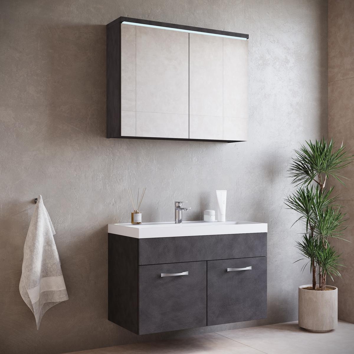 BADMÖBEL-SET Paso 3 Teile Dunkel Grau - 80 x 35 x 55 cm - Grau, Holz (80/55/20cm) - Badplaats