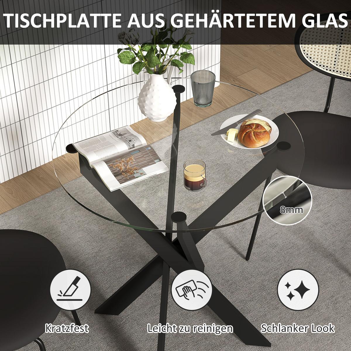 ESSTISCH, Rund Küchentisch für 4 Personen Esszimmertisch mit Stahlbeinen Schwarz - Schwarz, Glas/Metall (70/70/75cm) - HOMCOM