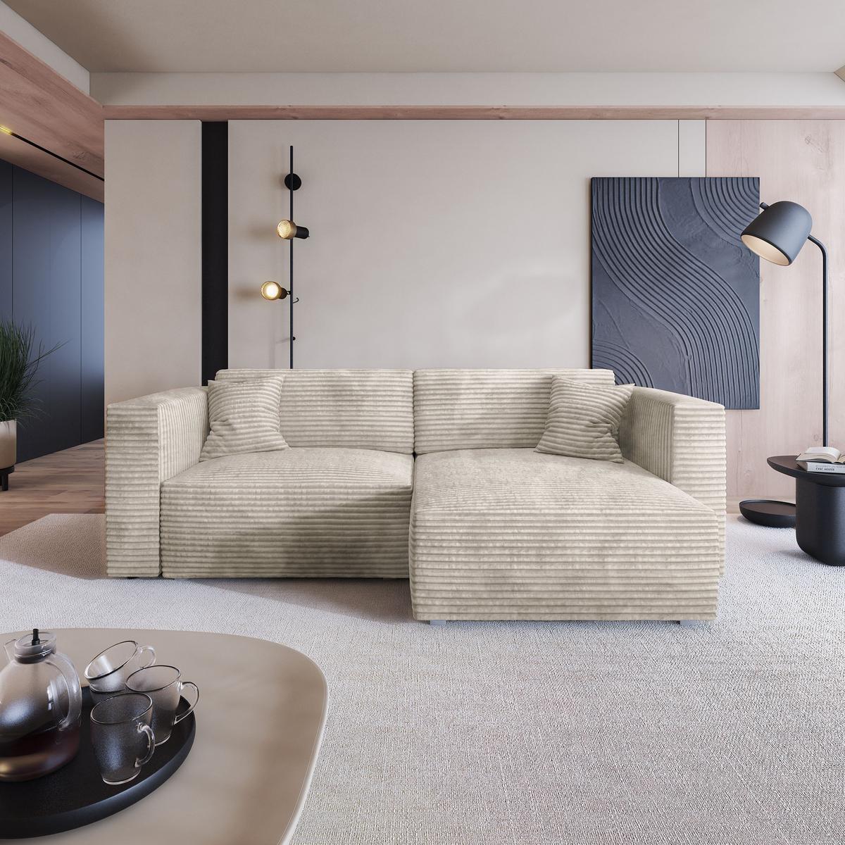 ECKSOFA NERIO Creme Kordstoff mit Schlaffunktion - Creme, Holz (245/148cm) - MASSENO
