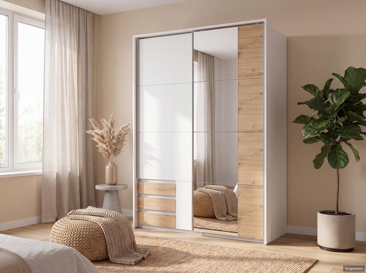 SCHWEBETÜRENSCHRANK 2-türig B138/H200/T65 cm, Passepartout-Kleiderschrank in Weiß mit Spiegel, 1x Tür & Schubkästen in Eiche Artisan Dekor / 22683 - Eichefarben/Alufarben, Holz/Holzwerkstoff (138/200/65cm) - luma-home