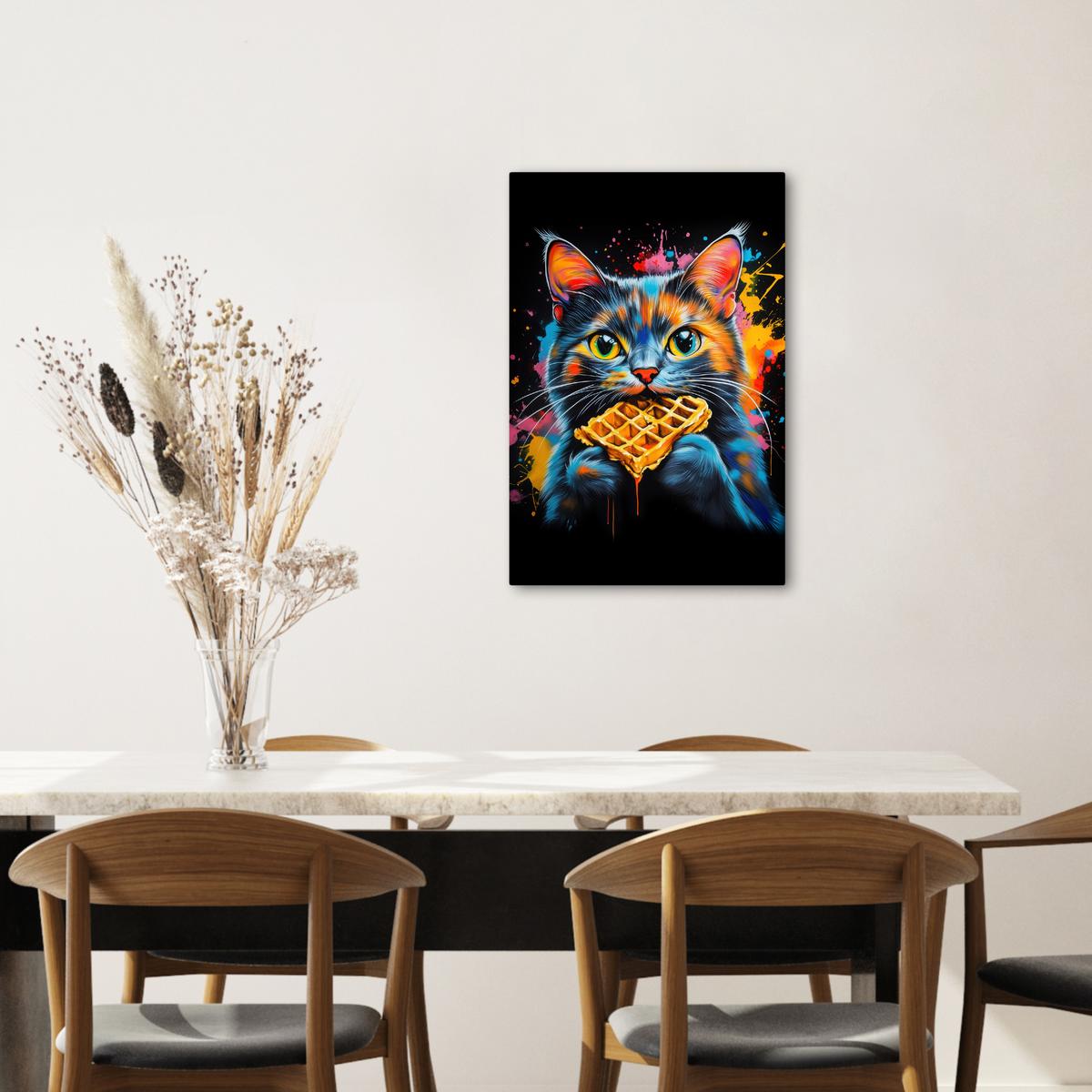 LEINWANDBILD Katze - Graffiti - Bunt - Waffel - Essen Wanddeko 40x60 cm - Türkis, Textil (40/60cm) - MuchoWow