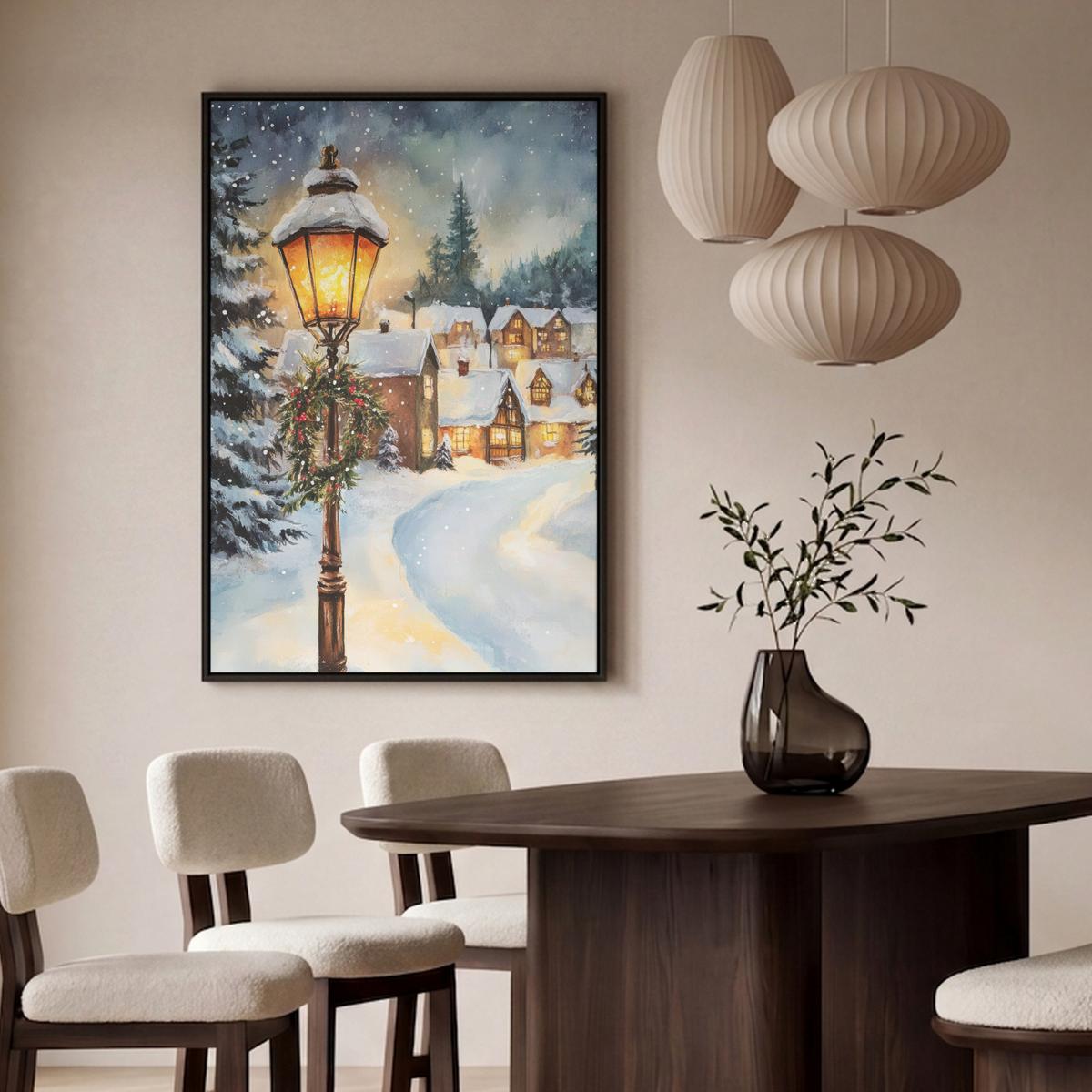 LEINWAND Bilder mit Rahmen - Weihnachtsdorf - Häuser - Schnee - Weihnachten - 100x150 - Sandfarben, Textil (100/150cm) - MuchoWow
