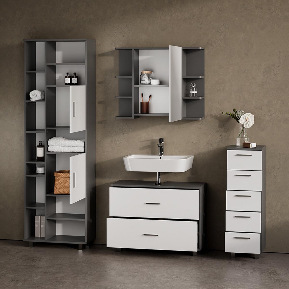BADMÖBEL-SET Eisak Weiß/Anthrazit 4 Teile, mit Hochschrank - Anthrazit/Weiß, Holzwerkstoff (80/60/33cm) - Livinity®