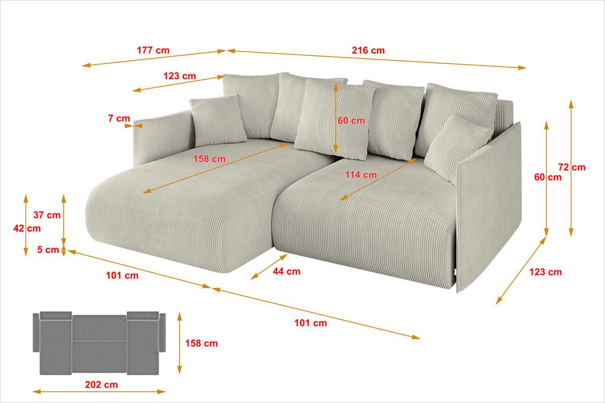 ECKSOFA Ottomane links ONESK-L 216x177x72 Creme Cord - Hellgrau/Creme, Holzwerkstoff/Kunststoff (216/177cm) - ALTDECOR